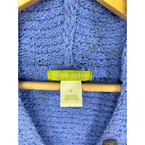 Sigrid Olsen Blue Textured Knit Hooded Cardigan Button Front Women's Size M - Picture 5 of 8